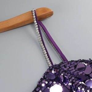 Detail der lila Pailletten und Strass-Träger an einem sexy Mesh-Party-Cocktailkleid