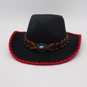 Western Cowboy Hat Cotton Polyester Felt With Faux Turquoise Braided Leather Band Whipstitch Brim Fedora For Men Women
