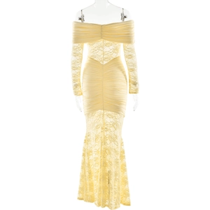 Detailed view of yellow off-shoulder lace mermaid dress with ruched body and sheer hem