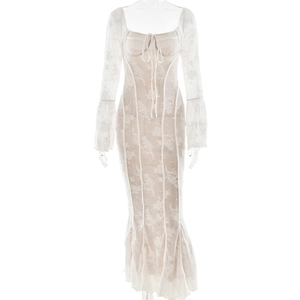 White lace long sleeve maxi dress with square neck, tie-front detail and fishtail hemline
