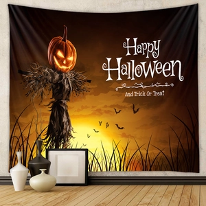 Detail view of Halloween tapestry featuring scarecrow with pumpkin head and bats