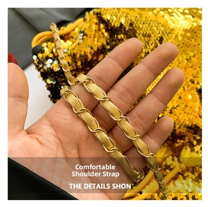 Detail of light gold woven chain strap featuring leather interweaving for shoulder bag