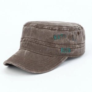 Close-up of vintage brown cotton cadet cap with green Always Awake side embroidery