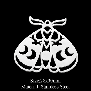 Polished stainless steel moth charm for DIY jewelry, 28x30mm cutout pendant on black background