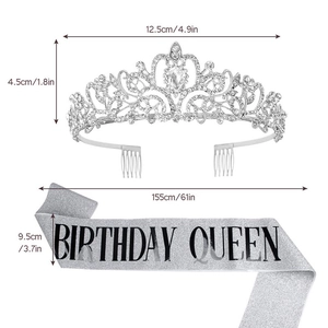 Detailed dimensions of silver Birthday Queen sash and rhinestone crown tiara set