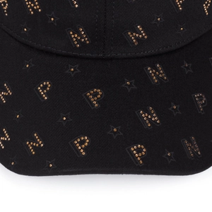 Black cotton baseball cap featuring amber rhinestones forming letters P, N and star patterns