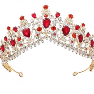 Elegant gold bridal tiara with sparkling red pear-shaped crystals and clear rhinestones