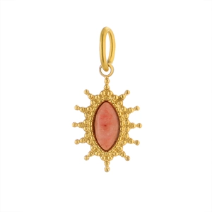 Vintage gold starburst pendant featuring a marquise-cut pink natural stone inlay