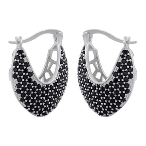 Close-up of U-shaped drop earrings with micro-pave black stones and hollowed-out back