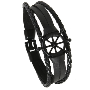Retro multi-layer braided leather bracelet with black nautical ship wheel charm for men