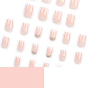 French white tip press-on nails with gold glitter and pink gradient in short square shape