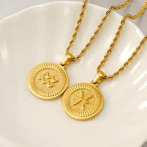 18K gold plated titanium steel zodiac necklace featuring Aquarius and Pisces coin pendants
