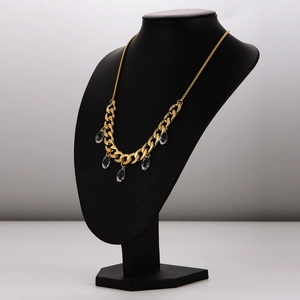 Elegant gold stainless steel Cuban chain necklace with five clear teardrop crystal pendants