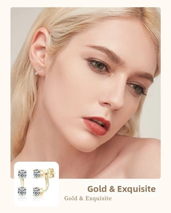 Detail of gold s925 silver stud earrings with layered design and square moissanite