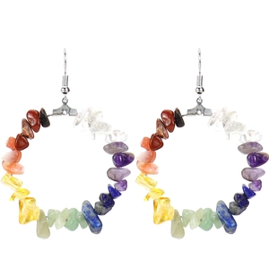 Detailed macro view of colorful natural stone beads on circular silver earrings hoops