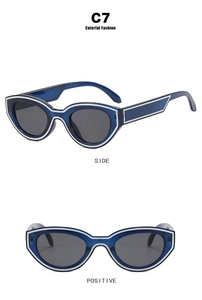 Détail des lunettes de soleil œil de chat bleues C7, vues de face et de profil
