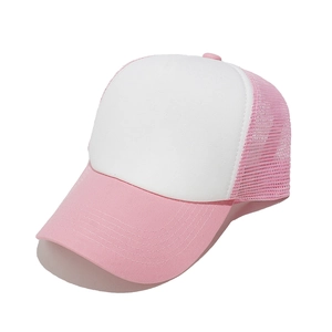 Close-up of pink and white trucker hat featuring breathable mesh and stitching detail