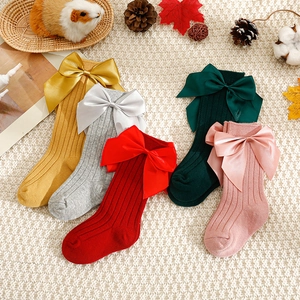 Chaussettes Mi-Mollet Pour Bébé Filles Coton Peigné Tricot Côtelé Grand Nœud En Satin Style Princesse De Noël