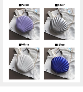 Borse a conchiglia alla moda in viola, argento, bianco e blu con catena dorata