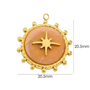 Detailed view of a 20.5mm gold stainless steel sunburst pendant with peach gemstone