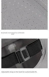 Detail of laser-perforated breathable mesh and adjustable buckle on gray sports cap