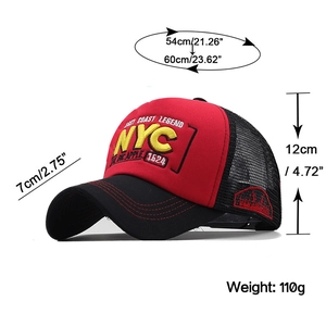Detailed size map of NYC embroidered mesh trucker hat with weight and brim measurements