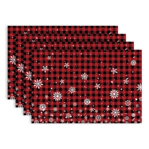 Set of 4 Christmas red and black buffalo plaid placemats with white snowflakes