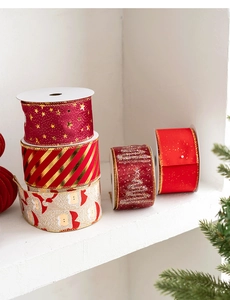 Detail showing five assorted Christmas ribbons with festive patterns for gift wrapping