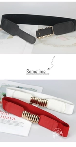 Detailed view of elastic waist belts in black, white, and red with gold metal buckles