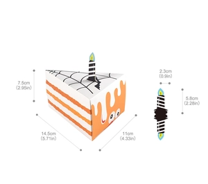 Halloween triangle cake box with spider web patterns and detailed product dimensions