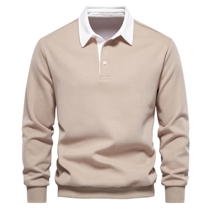 Khaki long sleeve Polo sweatshirt for men with white collar and ribbed cuffs
