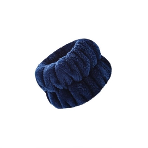 Soft plush navy blue spa wristband for face washing, luxury microfiber absorbent headband