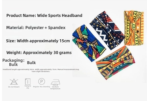 Size chart for wide yoga headband showing 15x24cm dimensions and elastic fabric details