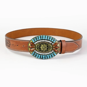 Women Western Belt Vintage PU Leather Embossed Turquoise Artificial Pearl Alloy Buckle Bohemian Ethnic Style