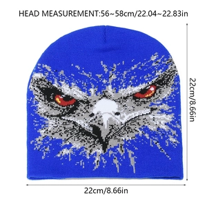 Detail showing knit beanie measurements with a bold blue eagle graphic and texture
