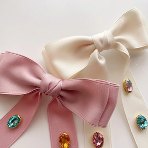Vintage satin double bow hair clips with colorful crystals in pink and beige colors