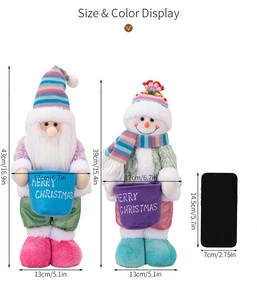 Detailed plush Christmas figurines with baskets, showing 43cm and 39cm height dimensions