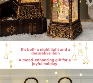 Macro detail of Christmas snowman snow globe with warm LED light and bronze embossed base