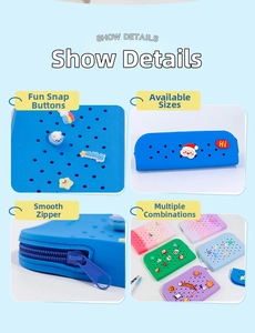 Detail view of colorful DIY silicone pencil pouches with cute charms and smooth zippers