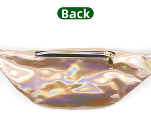 Back view of holographic laser waist bag with a hidden zipper pocket and golden zipper