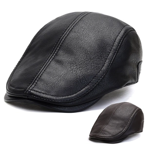 Men Vintage PU Leather Flat Cap Winter Warm Adjustable Ivy Hat Outdoor Fashion