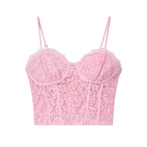 Pink floral lace corset top with underwire cups and adjustable straps on white background