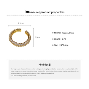 Detailed product dimensions for gold plated zircon ear cuff with copper material specs