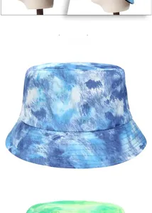 Detail of blue tie-dye bucket hat showing stitching and reinforced cotton canvas brim