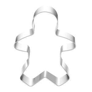 Detailed macro shot of a gingerbread man shaped stainless steel cookie cutter tool
