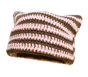 Detail of pink and brown striped crochet knit cat ear beanie with chunky texture