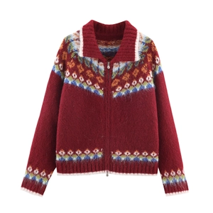 Women's red Fair Isle knit cardigan featuring ethnic geometric patterns and dual zipper