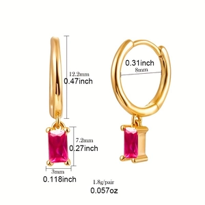 Detailed size chart of gold C-shaped hoop earrings with pink zircon stone pendant
