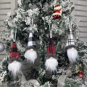 Christmas Gnome Ornaments Swedish Tomte Faceless Doll Hanging Decorations Buffalo Plaid Knitted Fabric Faux Fur Decor