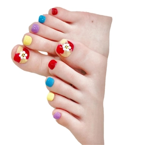 Bright colorful toenail press-ons with hand-painted white flowers and cute smiley faces
